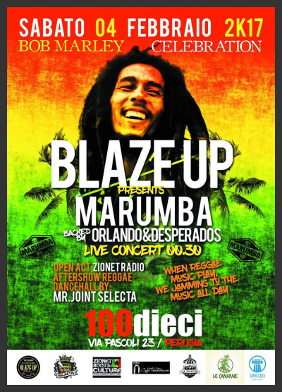 Il 4 Febbraio al 100Dieci di Perugia concerto live con Marumba, Orlando & Desperados "Marley Celebration" 