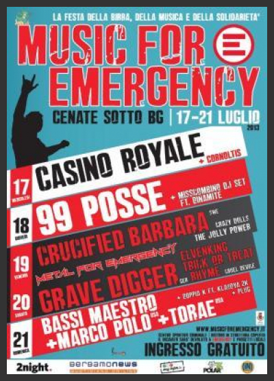 Music For Emergency si svolgerà dal 17 al 21 luglio 2013 a Cenate Sotto